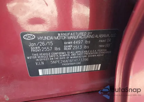 2015 Hyundai Sonata Se z USA, uszkodzony, nr VIN 5NPE24AF6FH173396